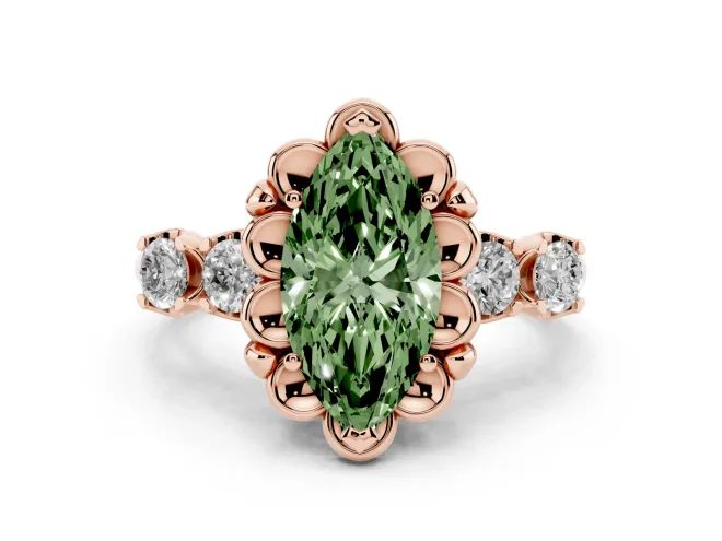 Fancy Green Marquise Cut Diamond Floral Halo Ring Set in Rose gold with Shared Prong Band
