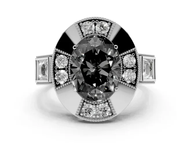 Fancy Black Oval Cut Diamond Milgrain Halo Ring Set in Silver with Split Shank