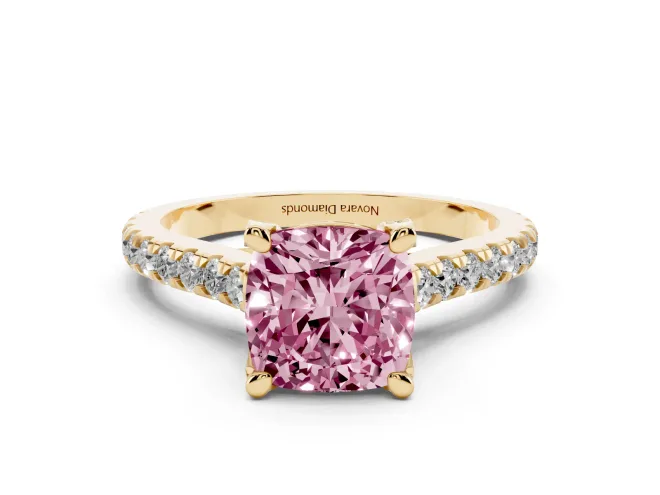 Cushion Cut Hidden Halo Pavé Engagement Ring Setting for a Fancy Pink Lab-Grown Diamond | Claw Prongs | Yellow Gold