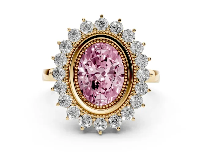Oval Bezel Halo Engagement Ring Setting for a Fancy Pink Lab-Grown Diamond | Yellow Gold