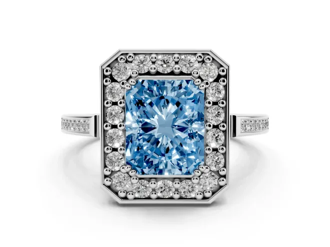 Radiant Cut Halo Engagement Ring Setting for a Fancy Blue Lab-Grown Diamond | Polished Halo Rim | White Gold