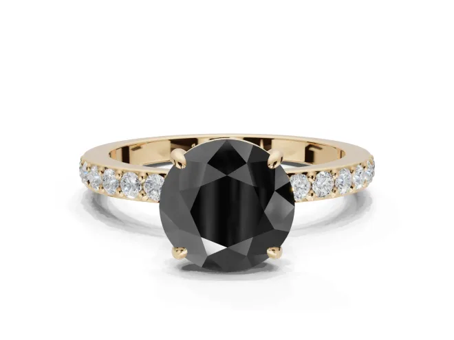 Round Hidden Halo Solitaire Engagement Ring Setting for a Black Center | Pavé Band | Yellow Gold