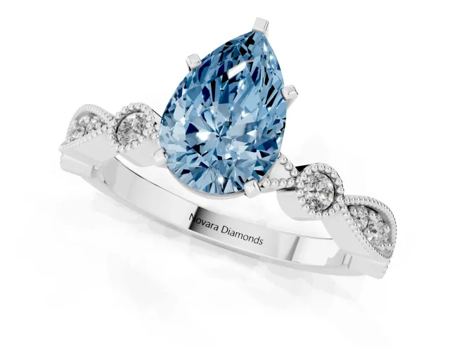 Fancy Blue Pear Cut Diamond Solitaire Engagement Ring Set in White gold with Milgrain Bezel Accent Band – second view
