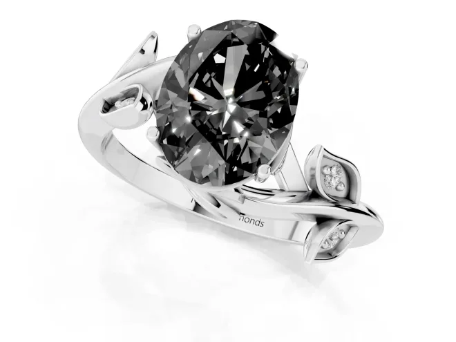 Fancy Black Oval Cut Diamond Solitaire Twist Engagement Ring Set in Silver with Pavé Leaf Accents – second view