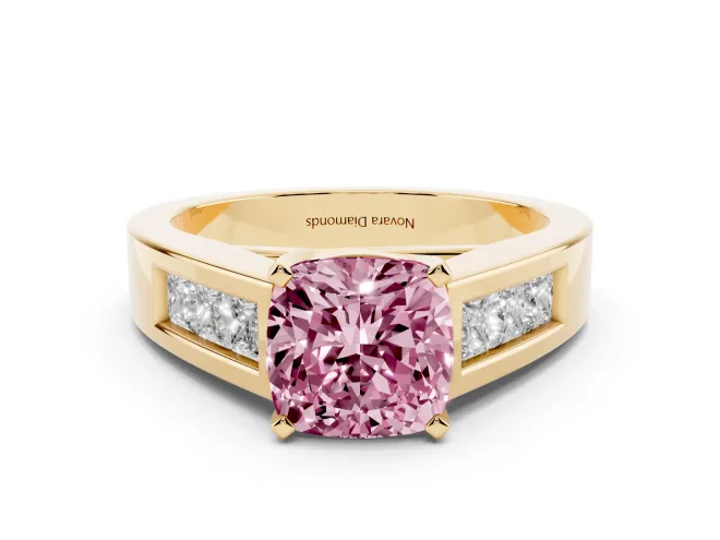 Fancy Pink Cushion Cut Diamond Solitaire Ring Set in Yellow gold with Channel-Set Accent Stones and Prong Setting