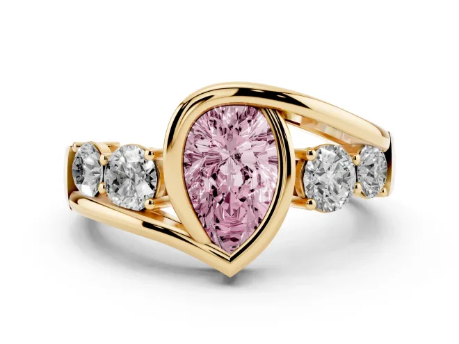 Fancy Pink Pear Cut Diamond Bezel Bypass Ring Set in Yellow gold with Round Accents