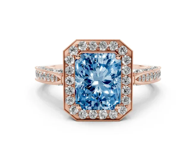 Fancy Blue Radiant Cut Diamond Halo Engagement Ring Set in Rose gold with Accent Split Shank Band