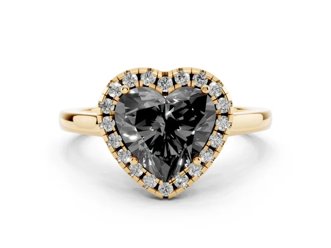 Fancy Black Heart Cut Halo Round Diamond Solitaire Ring Set in Yellow gold with Pavé Band and Prong Setting