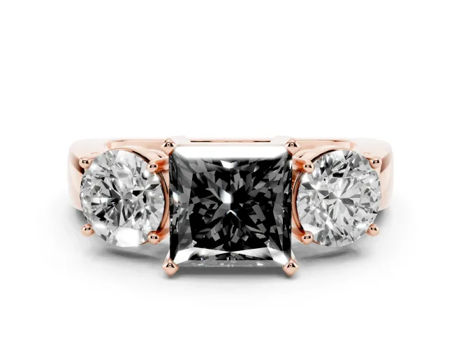 Princess Cut Three Stone Engagement Ring Setting for a Black Center | Round Side Stones | Rose Gold