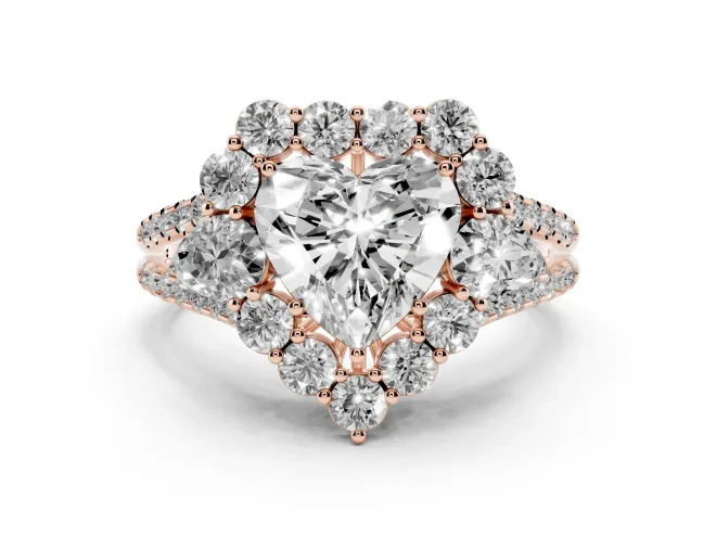 Heart-Shaped Scalloped Halo Engagement Ring Setting | Pear Side Stones | Rose Gold