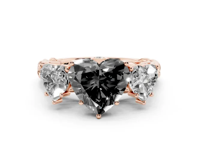 Heart-Shaped Three Stone Engagement Ring Setting for a Black Center | Braided Band | Rose Gold