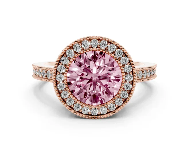 Round Milgrain Halo Engagement Ring Setting for a Fancy Pink Lab-Grown Diamond | Pavé Band | Rose Gold