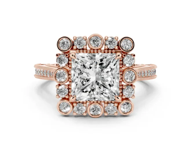 Princess Cut Vintage Scalloped Halo Engagement Ring Setting | Milgrain Pavé Band | Rose Gold