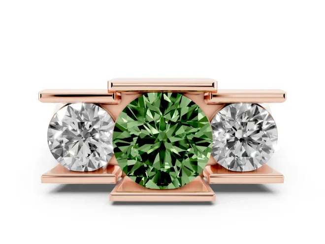 Round Channel-Set Three Stone Engagement Ring Setting for a Fancy Green Lab-Grown Diamond | Wide Flat Band | Rose Gold