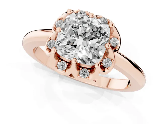 Cushion Cut Diamond Round Cluster Halo Ring Set in Rose gold with Solitaire Band and Prong Setting – second view