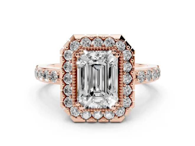 Emerald Cut Diamond Halo Ring Set in Rose gold with Pavé Shank and Prong Setting