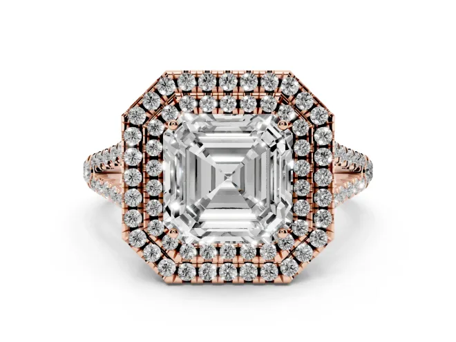 Asscher Cut Diamond Double Halo Ring Set in Rose gold with Pavé Band
