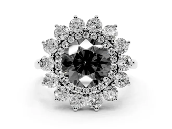 Fancy Black Round Cut Diamond Floral Double Halo Ring Set in White gold with Round Petals