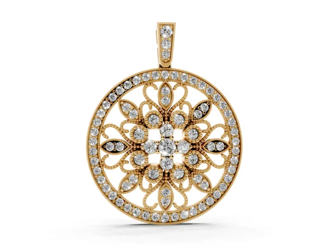 Round Lab-Grown Diamond Floral Filigree Pendant Necklace | Pavé Frame | Yellow Gold