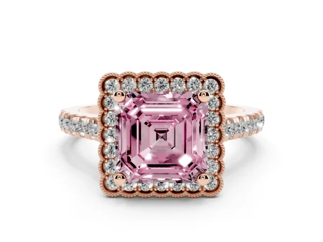 Asscher Cut Milgrain Floral Halo Engagement Ring Setting for a Fancy Pink Lab-Grown Diamond | Pavé Band | Rose Gold