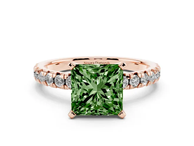 Fancy Green Princess Cut Diamond Solitaire Pavé Engagement Ring Set in Rose gold with Round Band and Prong Setting