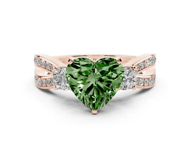 Heart-Shaped Three-Stone Twist Engagement Ring Setting for a Fancy Green Lab-Grown Diamond | Rose Gold