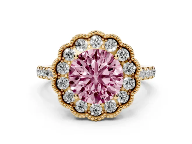 Round Vintage Milgrain Floral Halo Engagement Ring Setting for a Fancy Pink Lab-Grown Diamond | Pavé Band | Yellow Gold