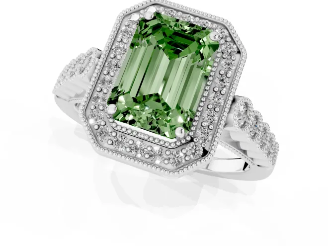 Fancy Green Emerald Cut Diamond Milgrain Halo Solitaire Ring Set in Platinum with Bezel Set Side Stones and Pavé Band – second view