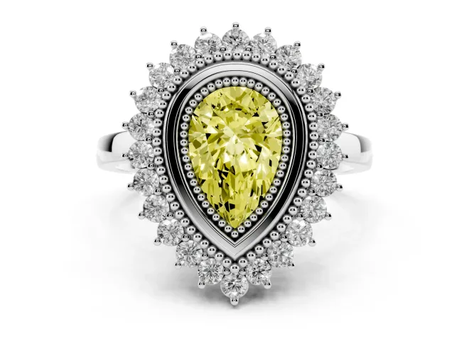 Fancy Yellow Pear Cut Diamond Halo Ring Set in Platinum with Milgrain Edge and Round Prong Setting