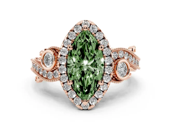 Marquise Vintage Halo Engagement Ring Setting for a Fancy Green Lab-Grown Diamond | Bezel Shoulder Accents | Rose Gold