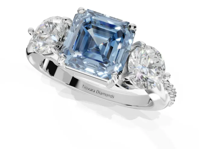 Asscher Cut Three Stone Engagement Ring Setting for a Fancy Blue Lab-Grown Diamond | Tapered Pave Band | Sterling Silver – second view