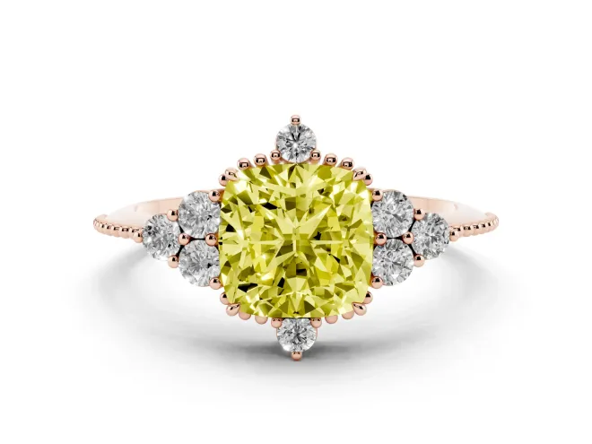 Fancy Yellow Cushion Cut Diamond Cluster Ring Set in Rose gold with Beaded Band