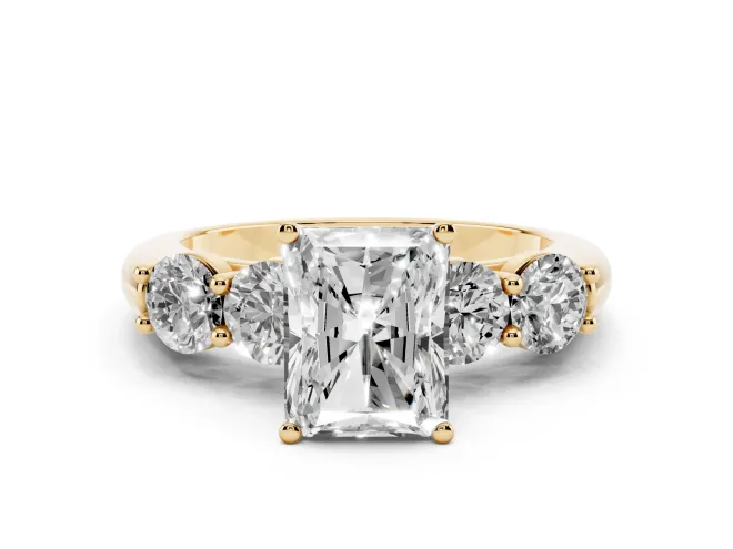 Radiant Cut Diamond Five-Stone Prong Set Ring Set in Yellow gold with Classic Band