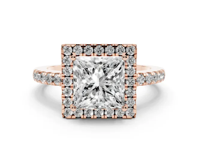 Princess Cut Diamond Pavé Band Halo Engagement Ring Set in Rose gold with Prong Setting