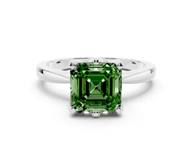 Fancy Green Asscher Cut Diamond Solitaire Engagement Ring Set in White gold with Slim Tapered Solitaire Band