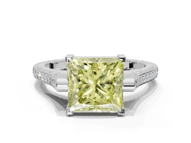 Princess Cut Vintage Cathedral Engagement Ring Setting for a Fancy Yellow Lab-Grown Diamond | Carved Band | White Gold