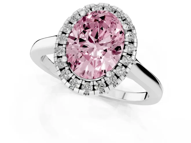 Fancy Pink Oval Cut Halo Round Diamond Solitaire Ring Set in Silver with Pavé Band and Prong Setting – second view