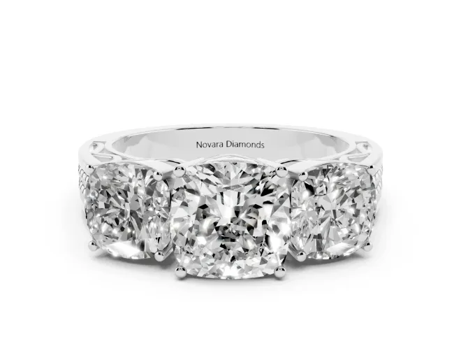 Cushion Cut Diamond Three-Stone Ring Set in Silver with Textured Band
