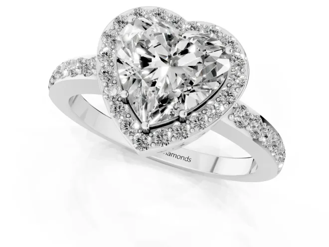 Heart Cut Diamond Halo Ring Set in White gold with Pavé-Setting Band and Open Prong Center – second view