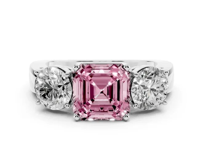 Asscher Cut Three Stone Engagement Ring Setting for a Fancy Pink Lab-Grown Diamond | Wide Plain Band | White Gold