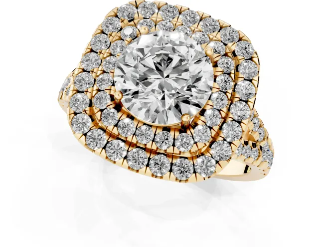 Round Cut Diamond Double Halo Ring Set in Yellow gold with Pavé Split Shank and Prong Setting – second view