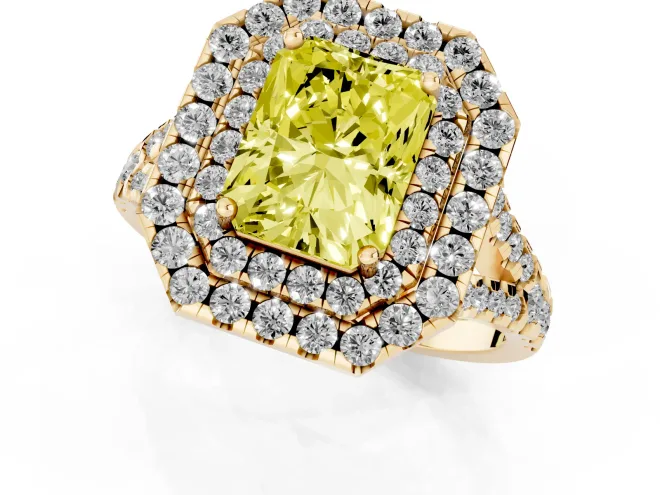 Fancy Yellow Radiant Cut Diamond Double Halo Ring Set in Yellow gold with Pavé Split Shank and Prong Setting – second view