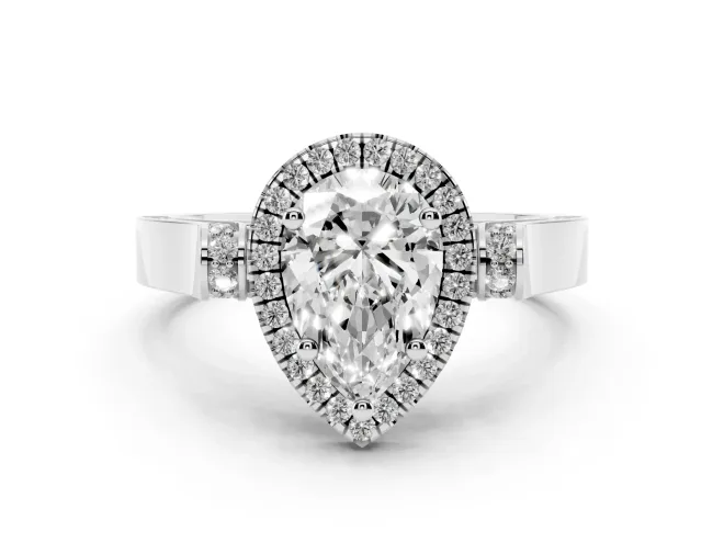 Pear Cut Diamond Halo Ring Set in White gold with Pavé-Lined Split Shank Band
