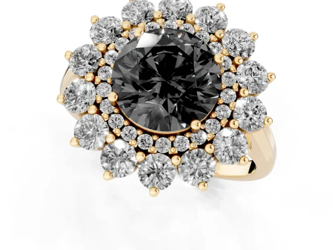 Fancy Black Round Cut Diamond Floral Double Halo Ring Set in Yellow gold with Round Petals – second view