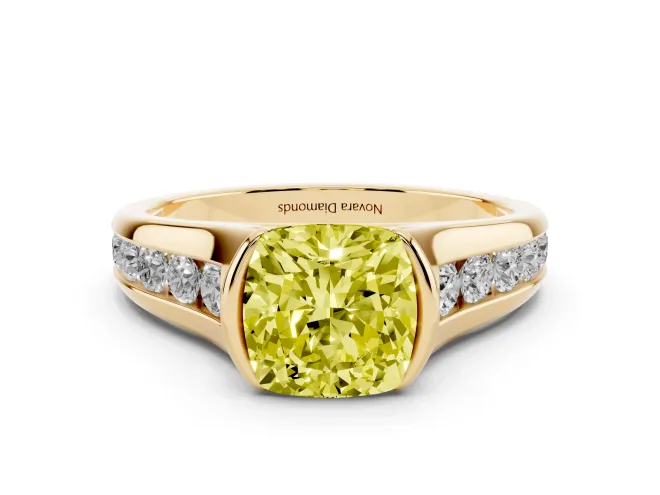 Cushion Cut Half Bezel Engagement Ring Setting for a Fancy Yellow Lab-Grown Diamond | Yellow Gold
