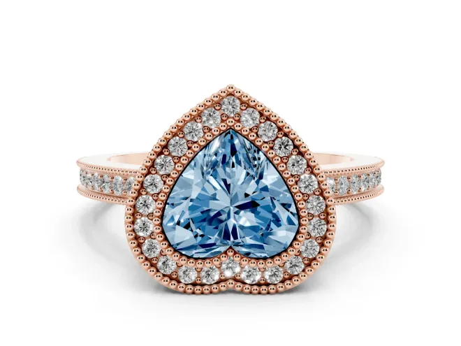Heart-Shaped Milgrain Halo Engagement Ring Setting for a Fancy Blue Lab-Grown Diamond | Rose Gold