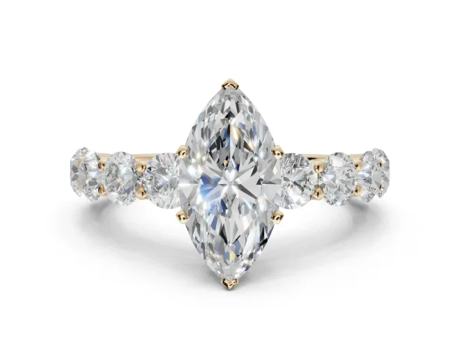 Marquise Side Stone Engagement Ring Setting | Scalloped Prong Accents | Yellow Gold