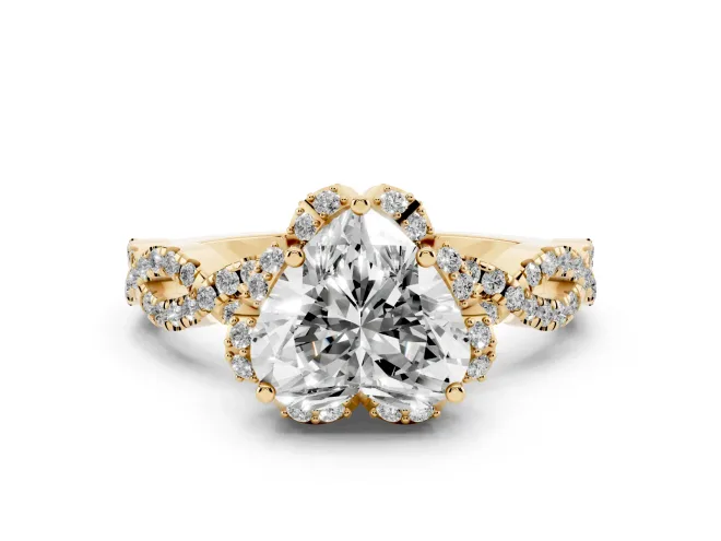 Heart Cut Diamond Halo Twist Band Solitaire Ring Set in Yellow gold with Prong-Set Center Stone