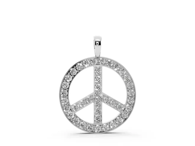 Round Lab-Grown Diamond Pavé Peace Sign Pendant Necklace | Shared Prongs | White Gold