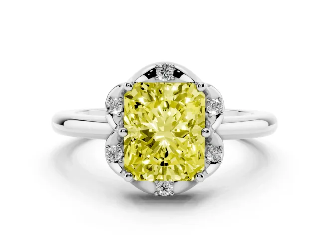 Fancy Yellow Radiant Cut Diamond Round Cluster Halo Ring Set in Platinum with Solitaire Band and Prong Setting
